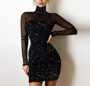 Women's Mesh Long Sleeve Shiny Mini Cocktail Party Dress