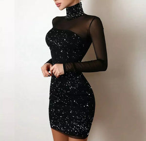 Women's Mesh Long Sleeve Shiny Mini Cocktail Party Dress